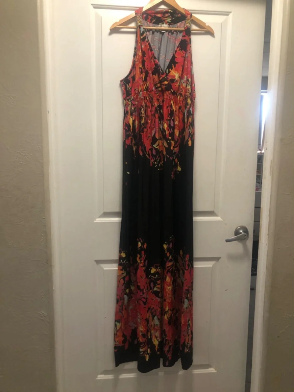 JOHN PAUL RICHARD Floral Print Maxi Dress Black Red Yellow Sleeveless V-Neck L - Picture 5 of 5